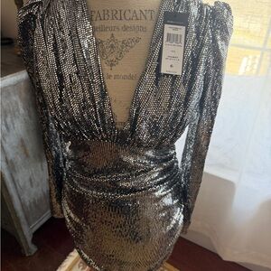 BCBGMaxAzria Metallic Silver Sequin Wrap Dress Size L New